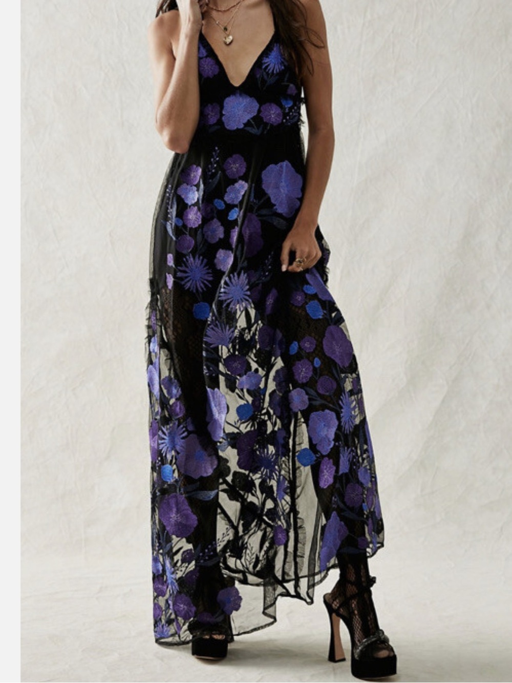 For Love & Lemons Sz M Kaylee Floral Embroidered Sheer Maxi Dress Boho Coquette。